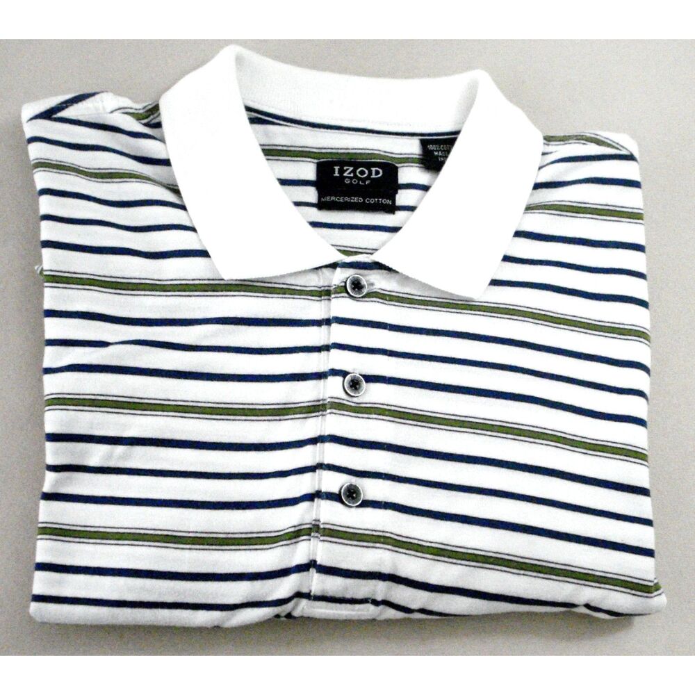 Izod Golf Men Polo Shirt Size M Stripped White, Black Blue & Green 100% Cotton